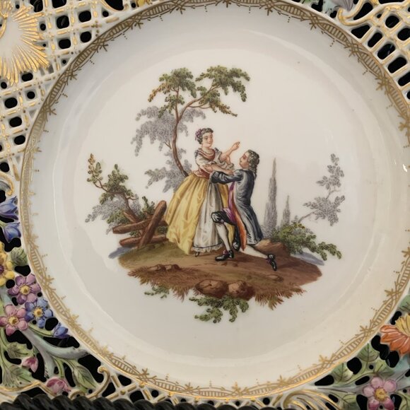 Helena Wolfsohn Reticulated Plate 8.5" Watteau Couple Scene Dresden Germany 1 - Picture 2 of 9